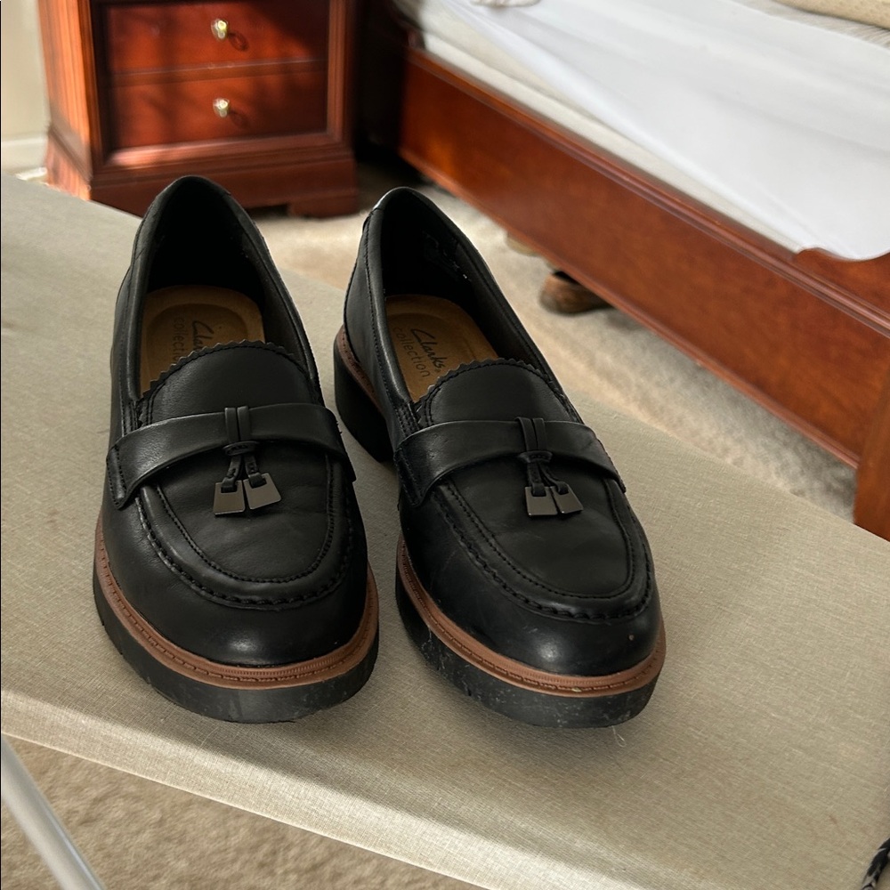 Clarks Black Leather Loafers with Brown Trim